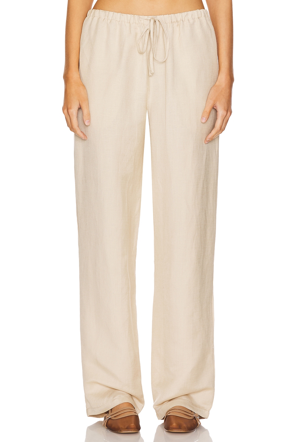 Beige linen wide-leg pants on a model