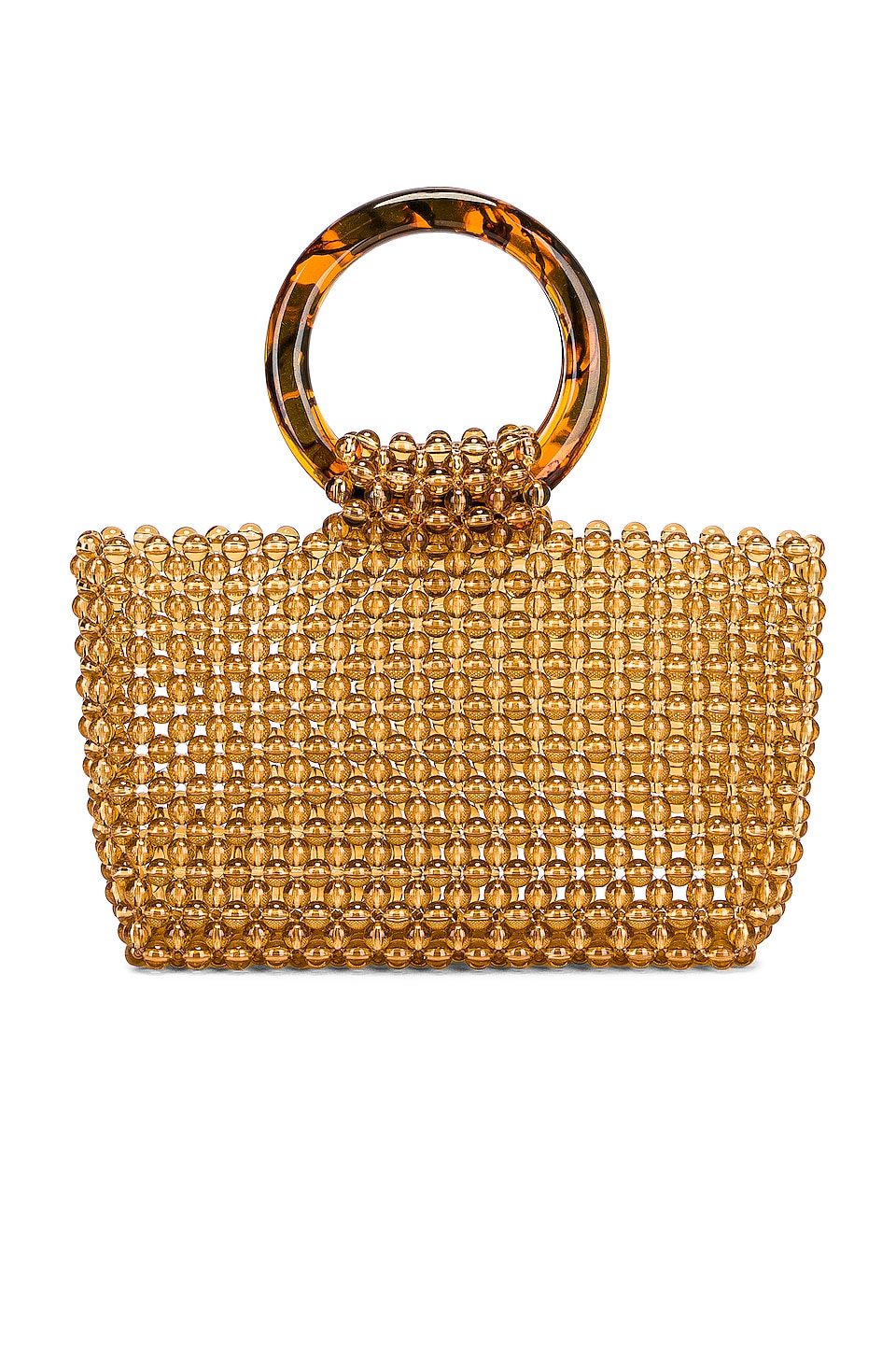 Tan beaded bag with tortoise shell circle handle.