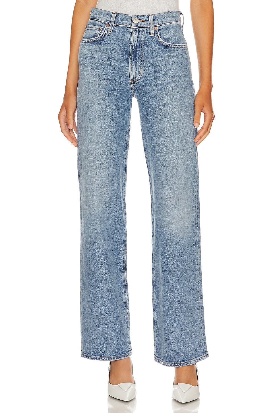 Blue relaxed straight leg denim jeans  on a model.