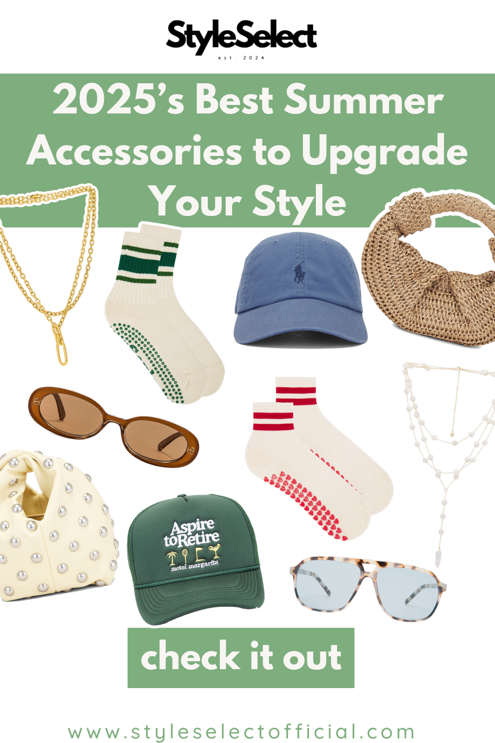 Fashion cutouts with text that says "5 Must-Have Summer Accessories To Elevate Your Style In 2025" and "www.styleselectofficial.com."