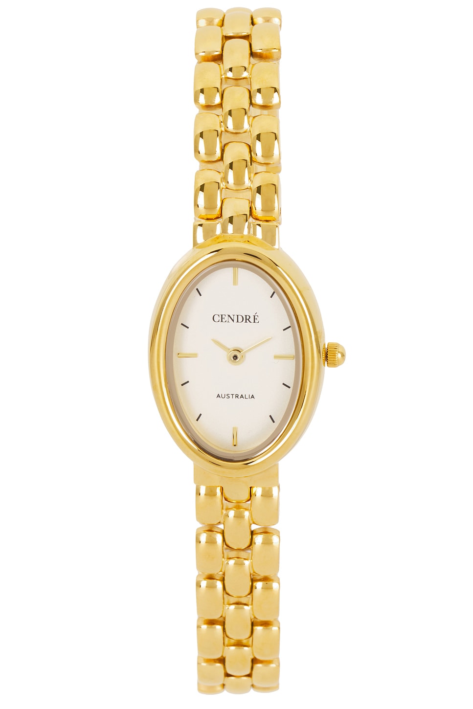 Gold watch with an oval-shaped white face for stylish errand outfits.