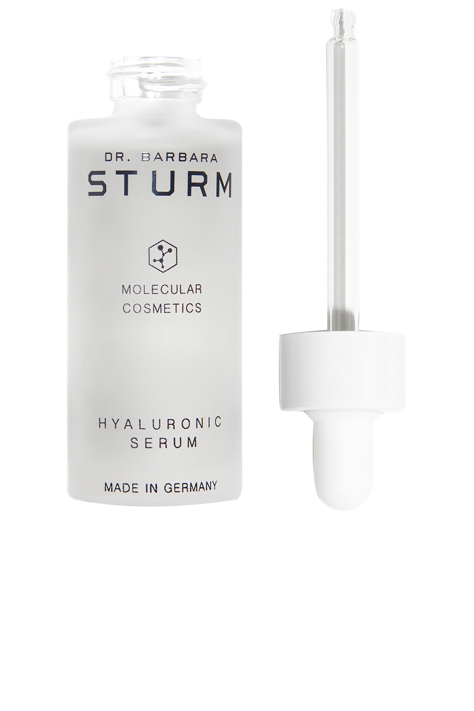 White serum bottle with black writing on it and a dropper.
