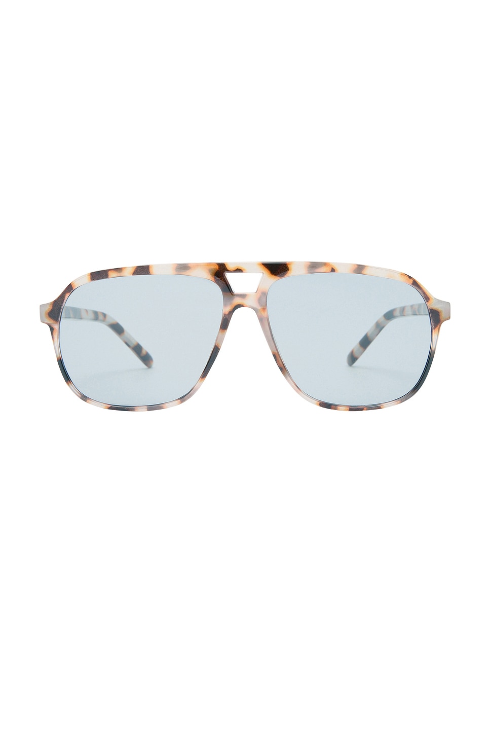Light tortoise shell sunglasses with light blue lenses.