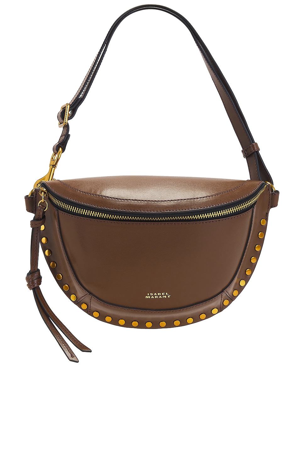 Brown leather belt bag with gold detail and a knotted zipper.