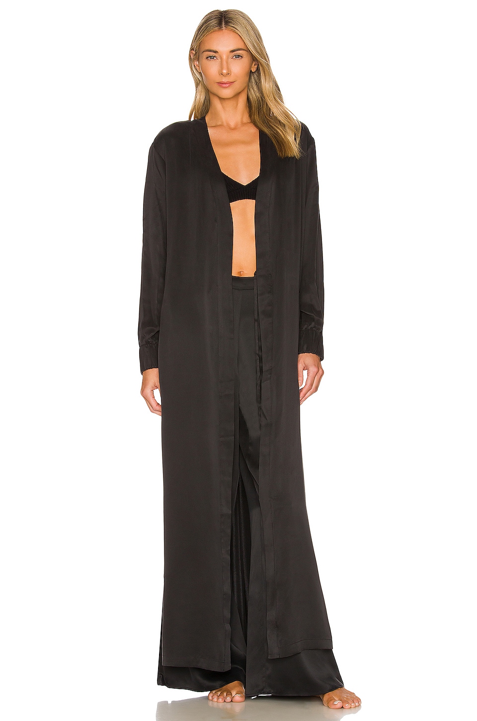 Black silk long robe on a model.