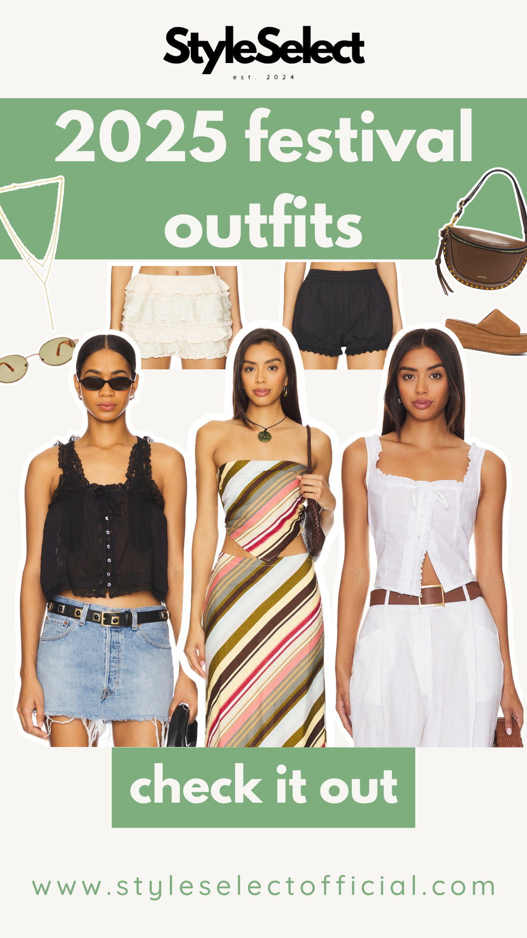 Fashion product cut outs with text that says "2025 festival outfits."