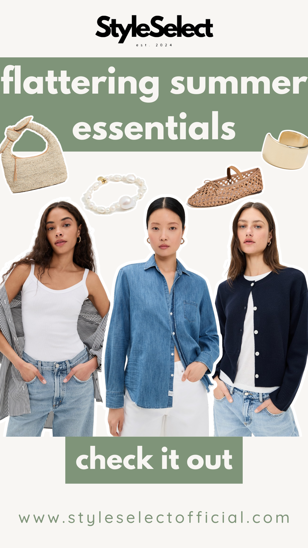Fashion product cut outs with text that says "flattering summer essentials."