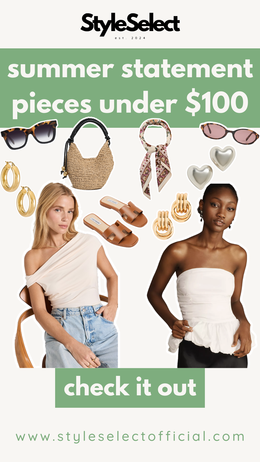Fashion product cut-outs with text that says "summer statement pieces under $100."