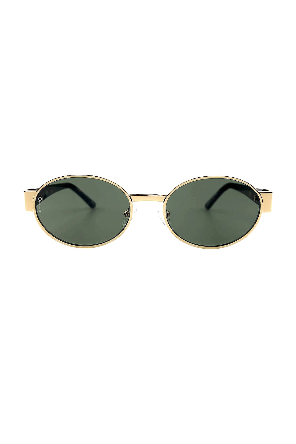 Gold rounded sunglasses with dark green lenses, which is one of the summer accessories.