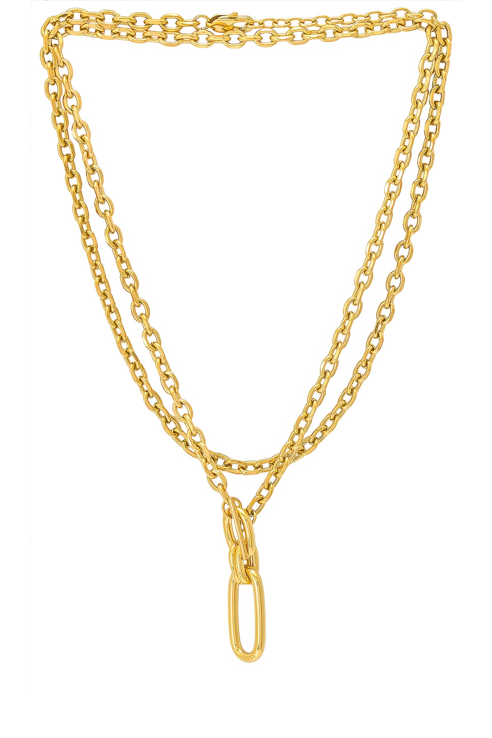 Gold layered necklace with a carabiner, which is one of the summer accessories.