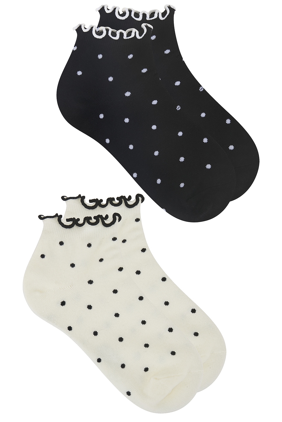 Black and white polka dot ankle socks with ruffles.