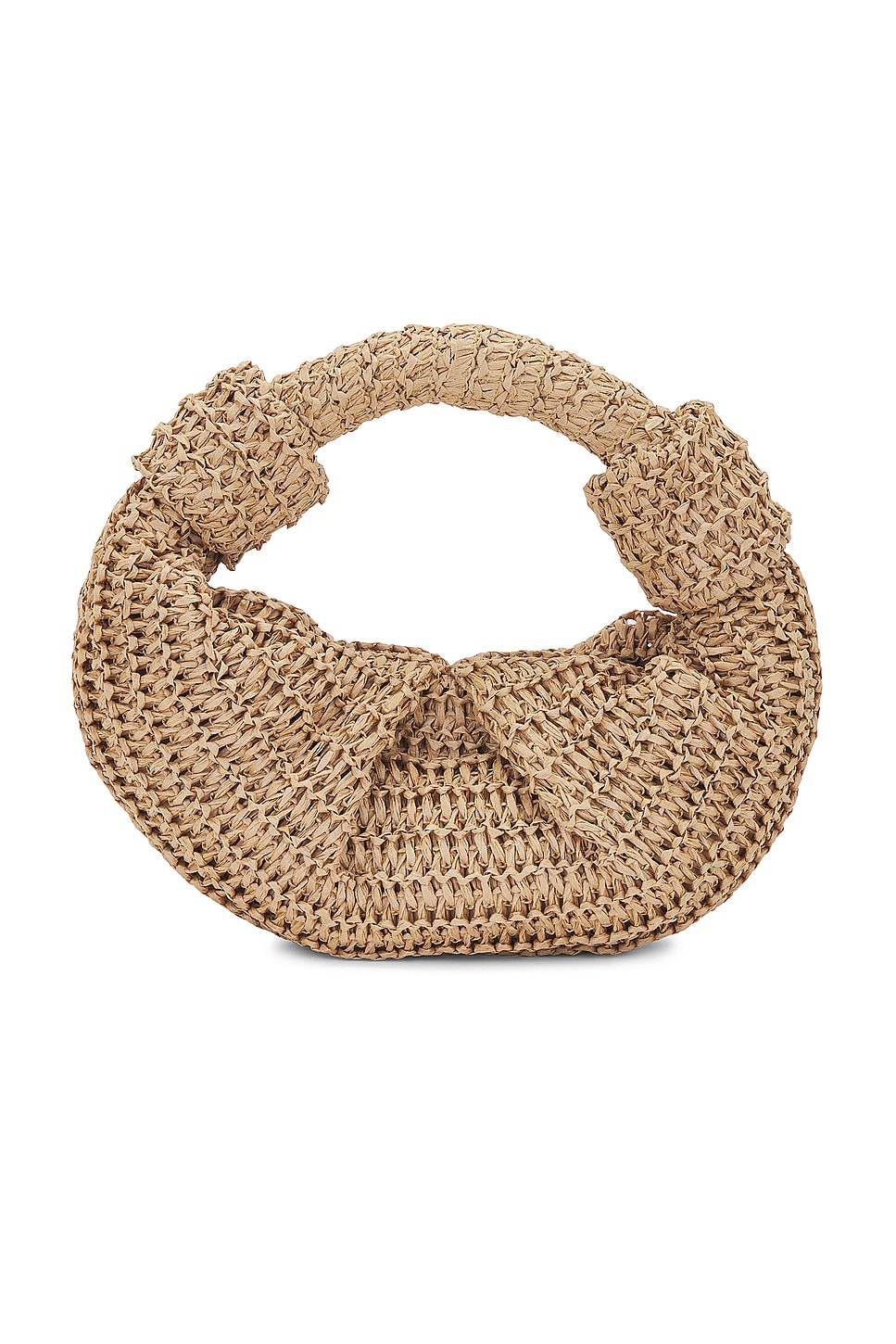 Tan raffia rounded bag.