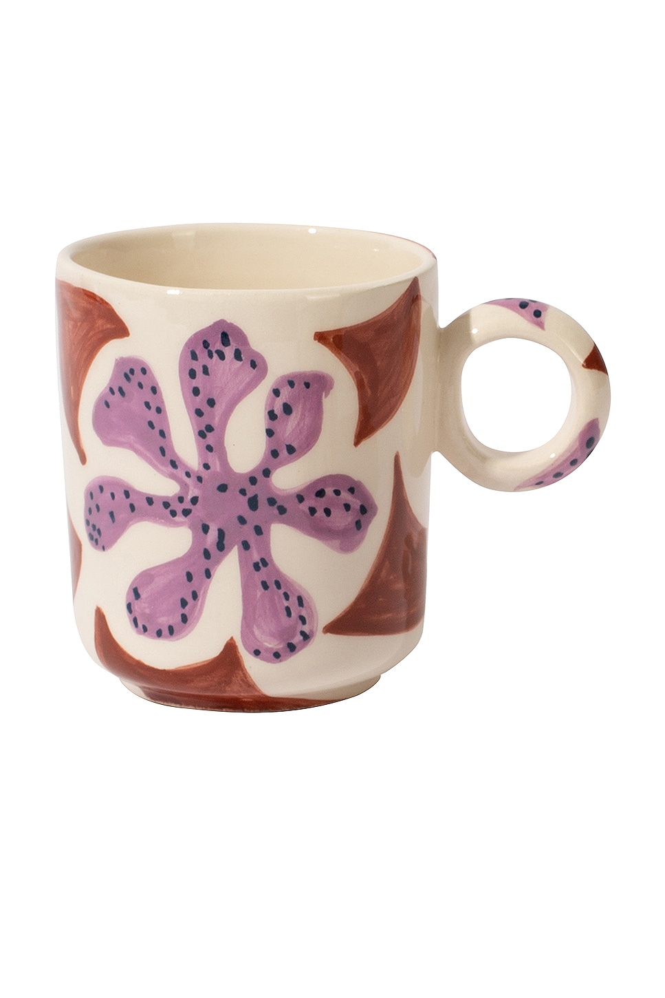 Off white ceramic mug with a purple flower and orange design on it.