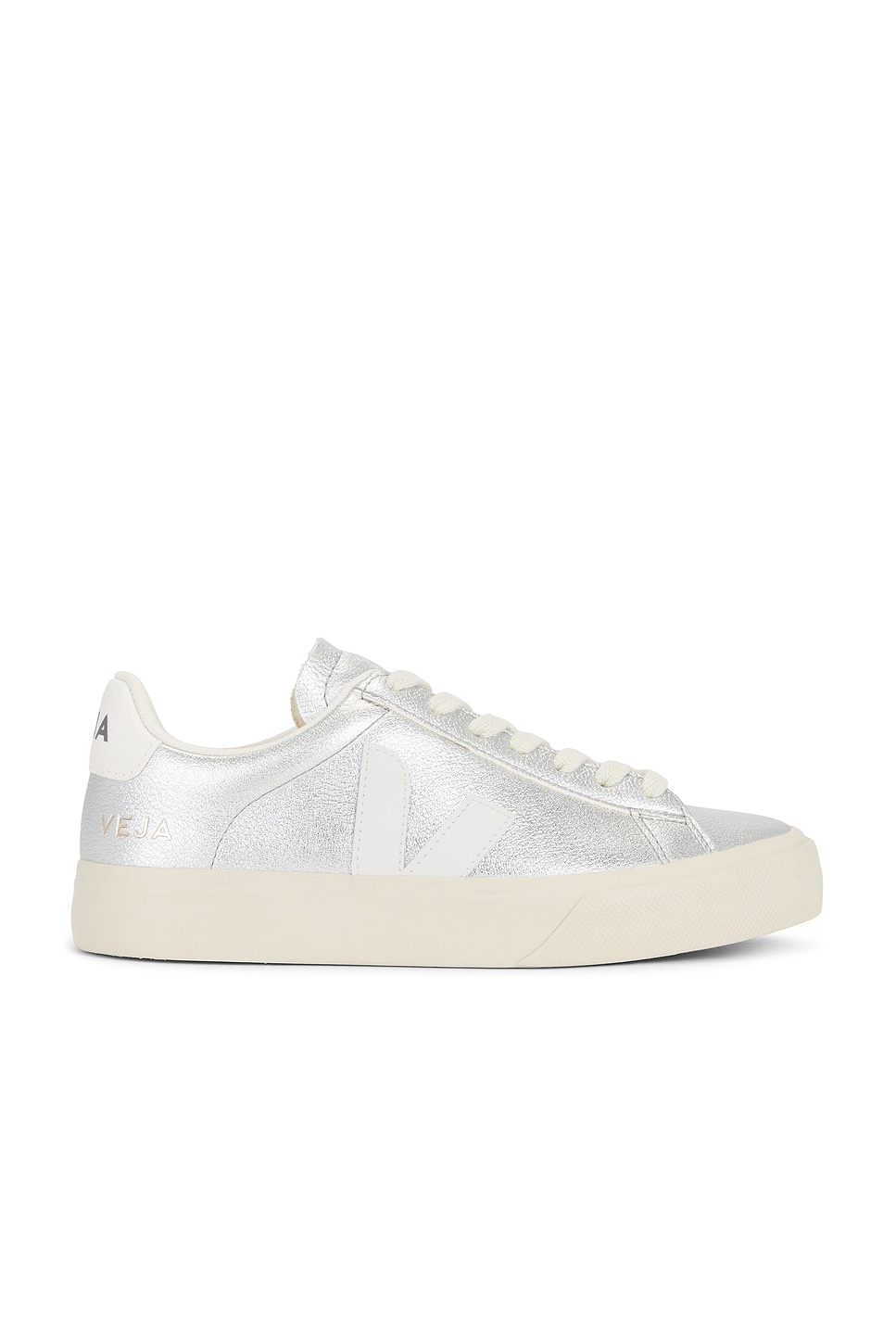 Silver and white sneakers with a "V" logo for stylish errand outfits.