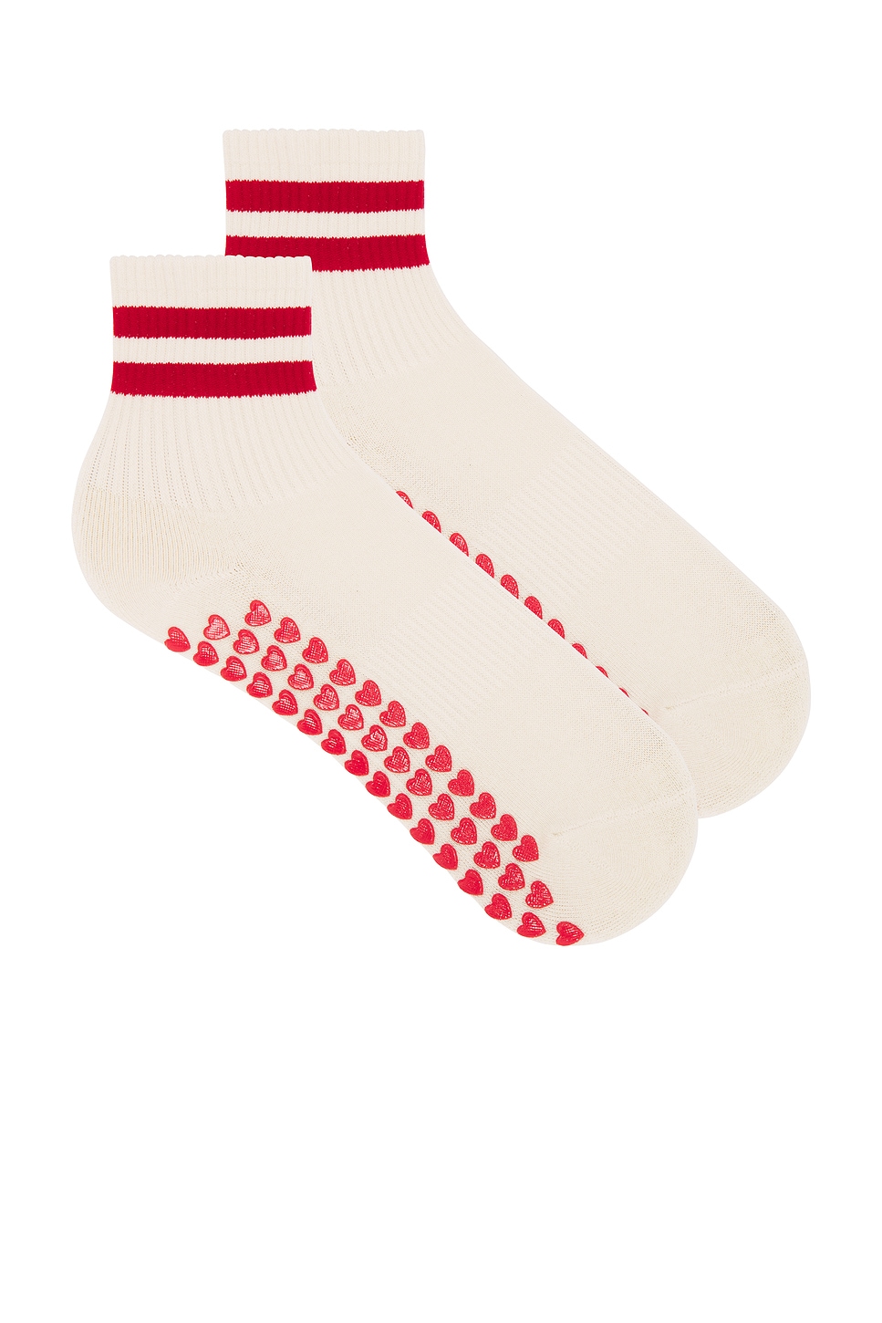 Off white pilates crew socks with red stripes and heart grips.