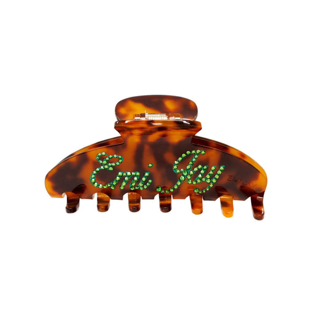 Tortoise shell Emi Jay hair clip with green rhinestonees