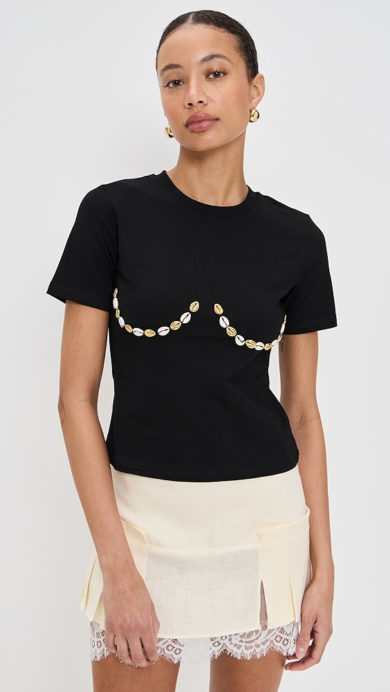 Black shell boob baby t shirt on a model.