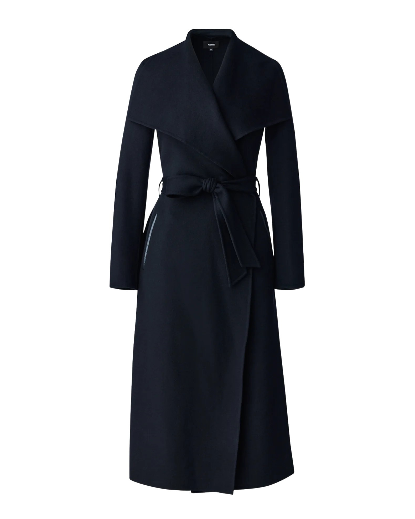 Black belted wrap coat.

