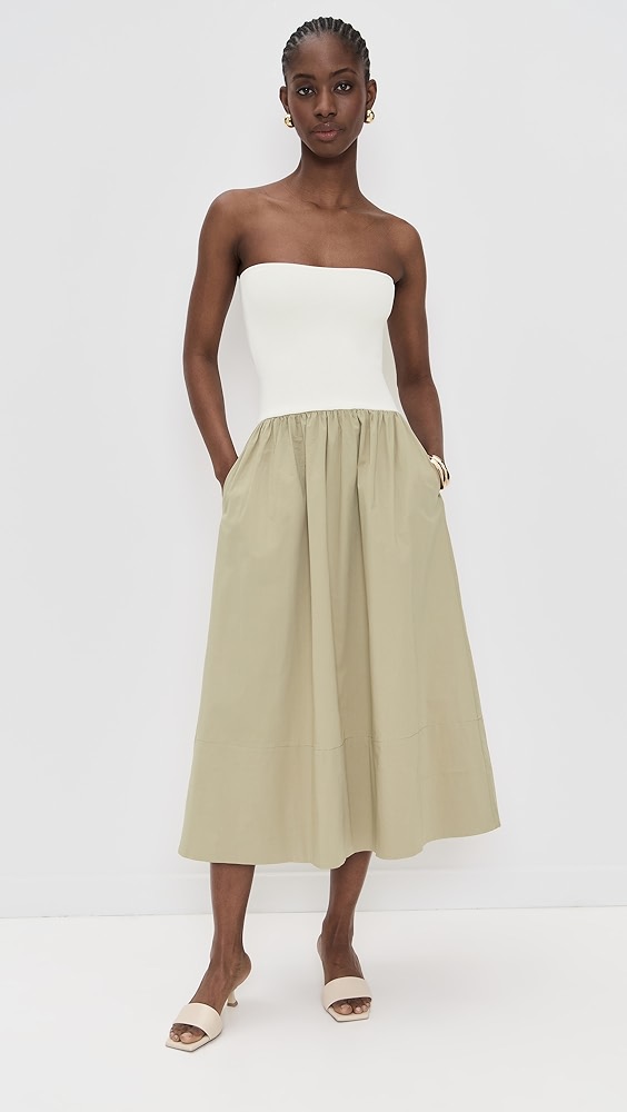 White tube top midi dress with sage green flowy skirt.