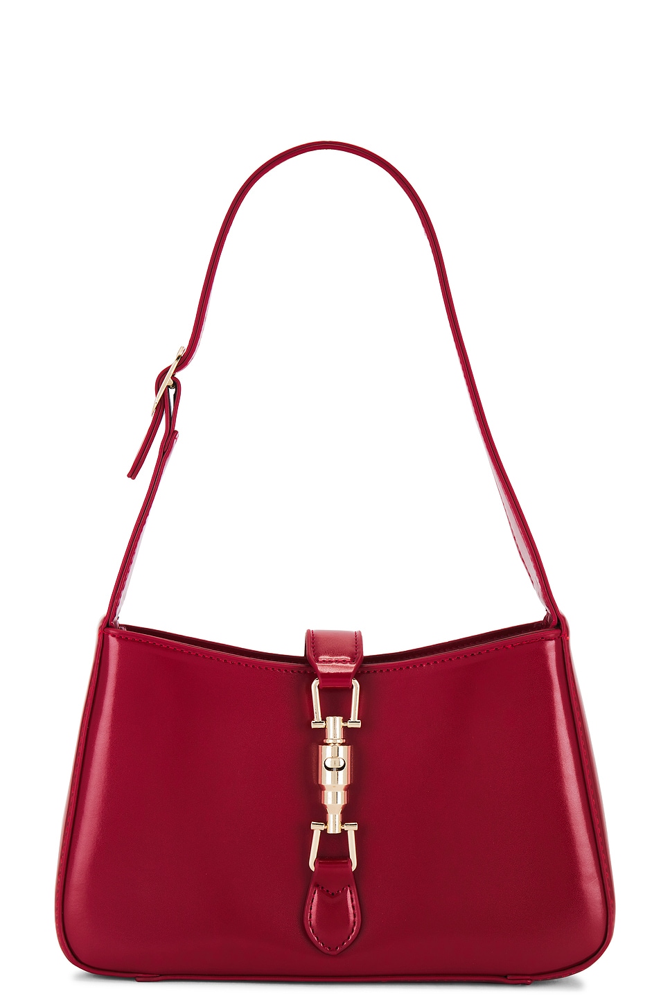 Shiny red shoulder bag with gold hardware, which goes along with college clothing.