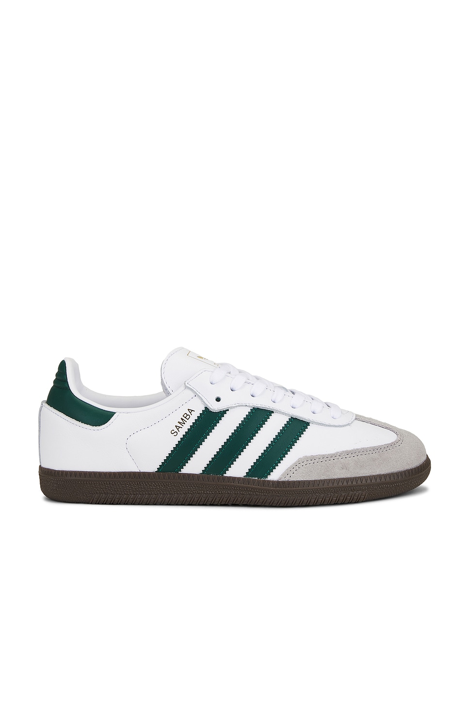 White Adidas sneakers with forest green details.