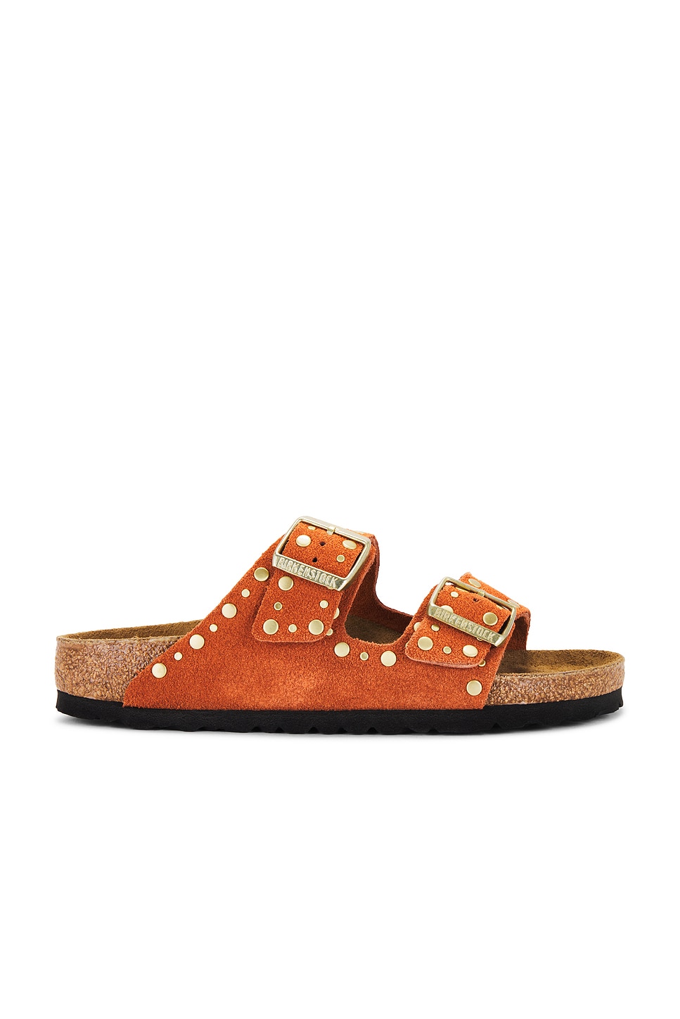 Burnt orange suede platform slide with gold buckles and gold detailing.