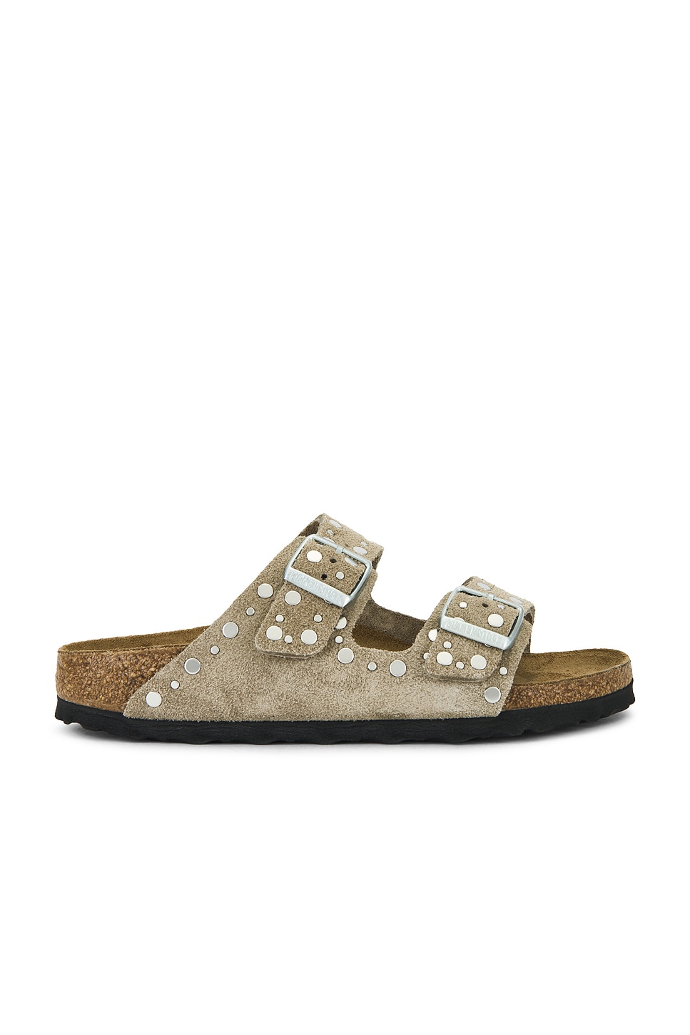 Taupe suede and silver embellished platform Birkenstock sandal, which goes along with college clothing.