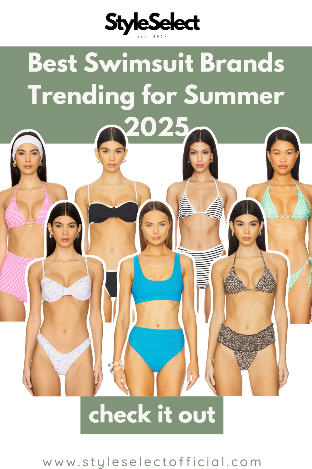 Swimsuit cutouts with text that says "Best Swimsuit Brands Trending for Summer 2025," "check it out," and "www.styleselectofficial.com."