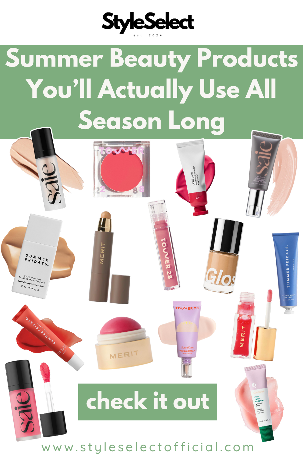 Beauty cutouts with text that says "Summer Beauty Products You’ll Actually Use All Season Long," "check it out," and "www.styleselectofficial.com."