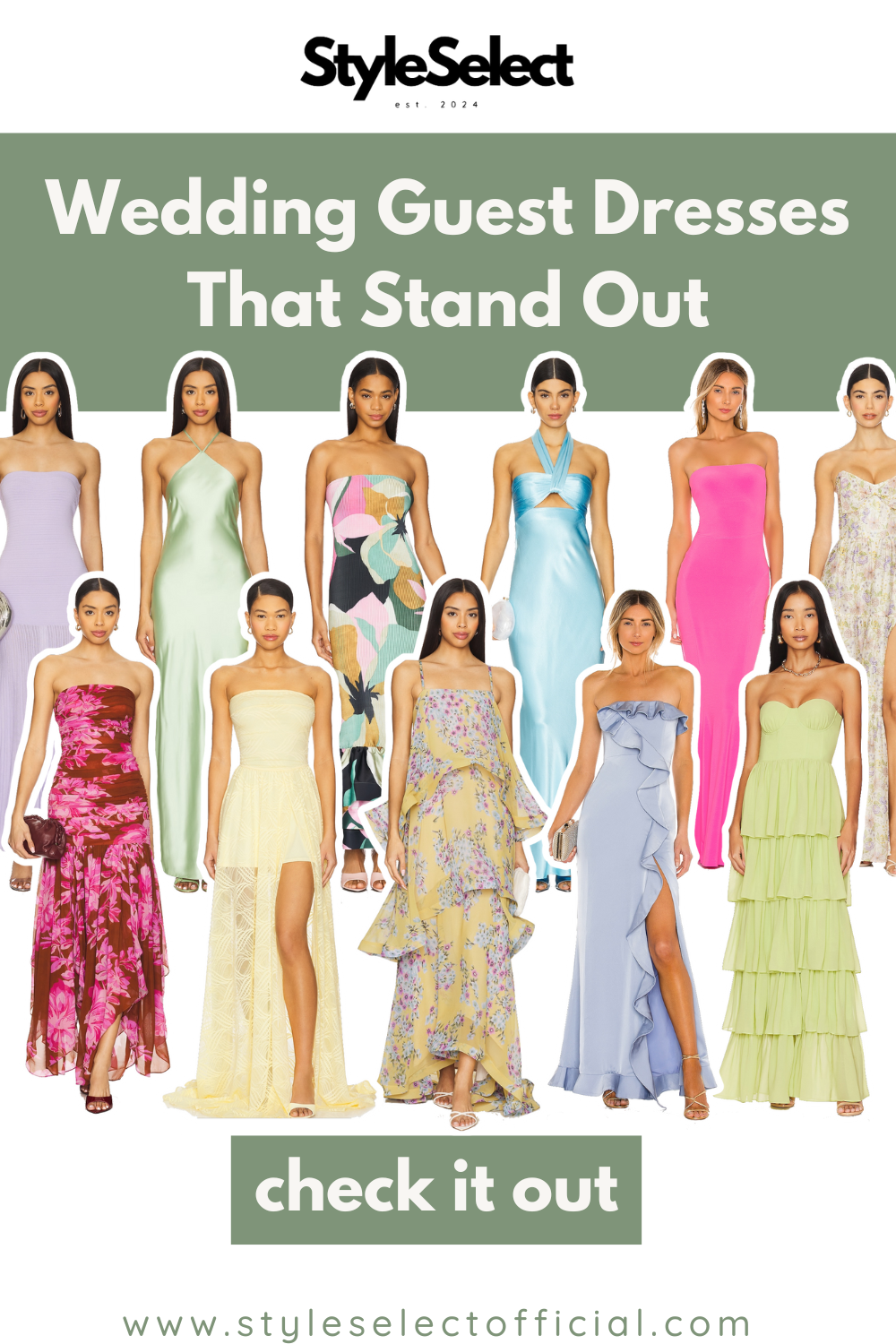 Fashion cutouts with text that says "Wedding Guest Dresses That Stand Out," "check it out," and "www.styleselectofficial.com."