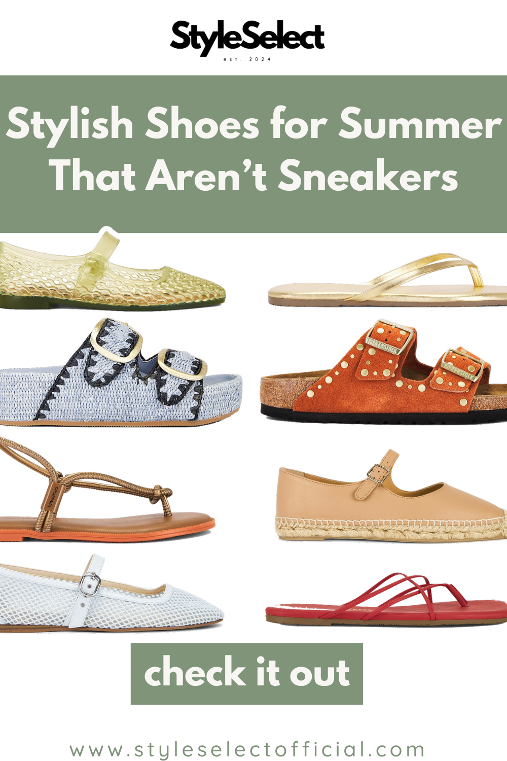Shoe cutouts with text that says "Stylish Shoes for Summer That Aren’t Sneakers," "check it out," and "www.styleselectofficial.com."