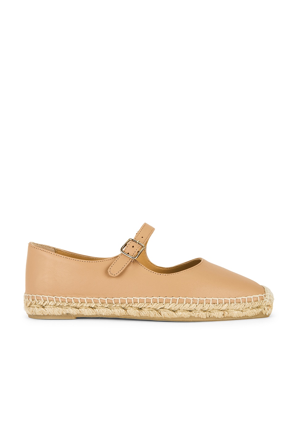 Tan leather espadrille flat with a strap, which is one of the stylish shoes.