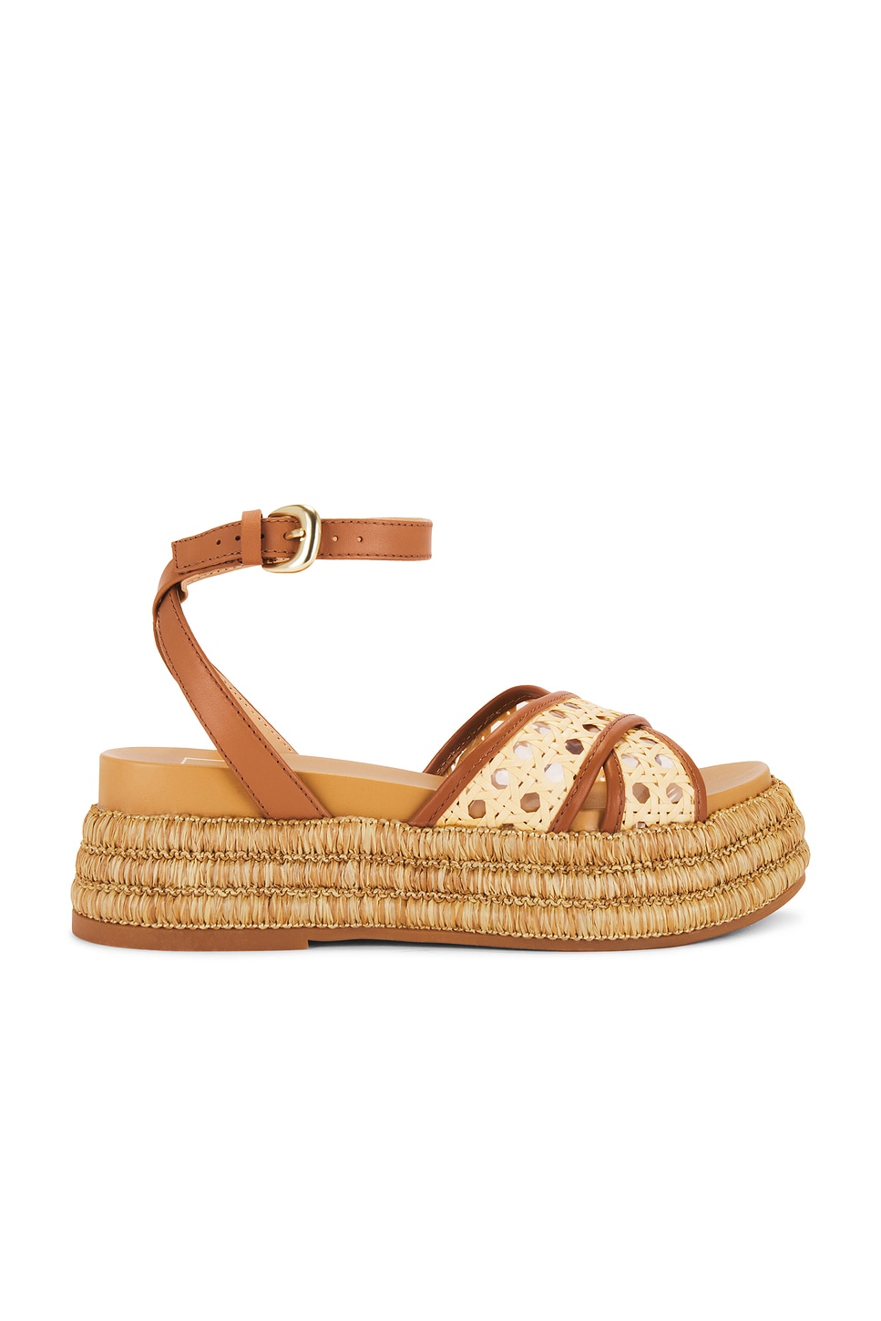 Tan leather and raffia platform espadrille with gold detailing, which is one of the stylish shoes.