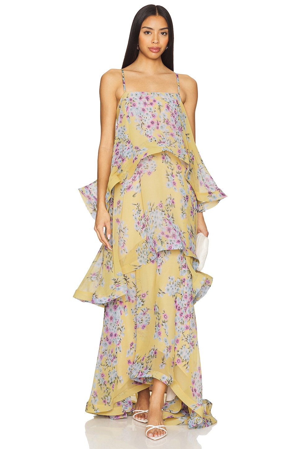 Green, blue, and purple ruffle maxi dress on a model.