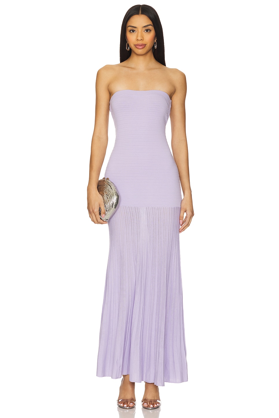 Lavender strapless ruched dress on a model.