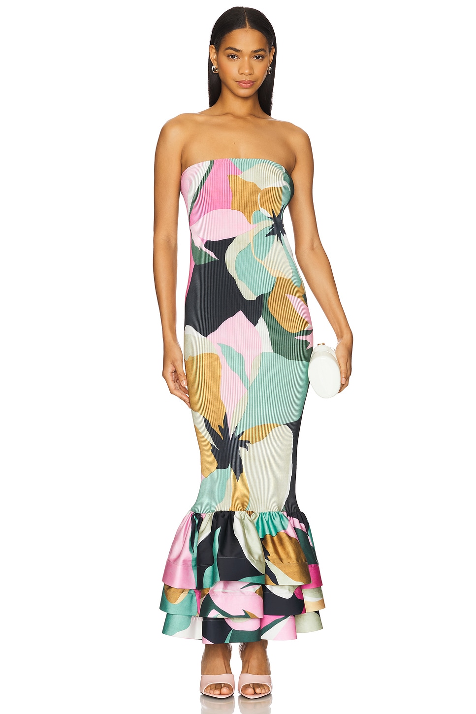 Multicolored geometric maxi dress with ruffles on a model, which is one of the wedding guest dresses.