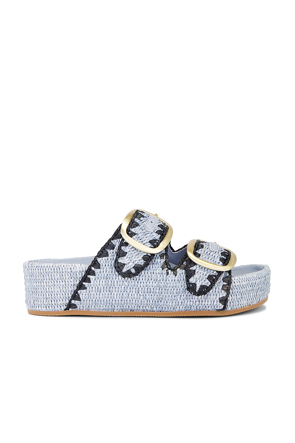 Light and dark blue tweed platform slide with gold buckles.