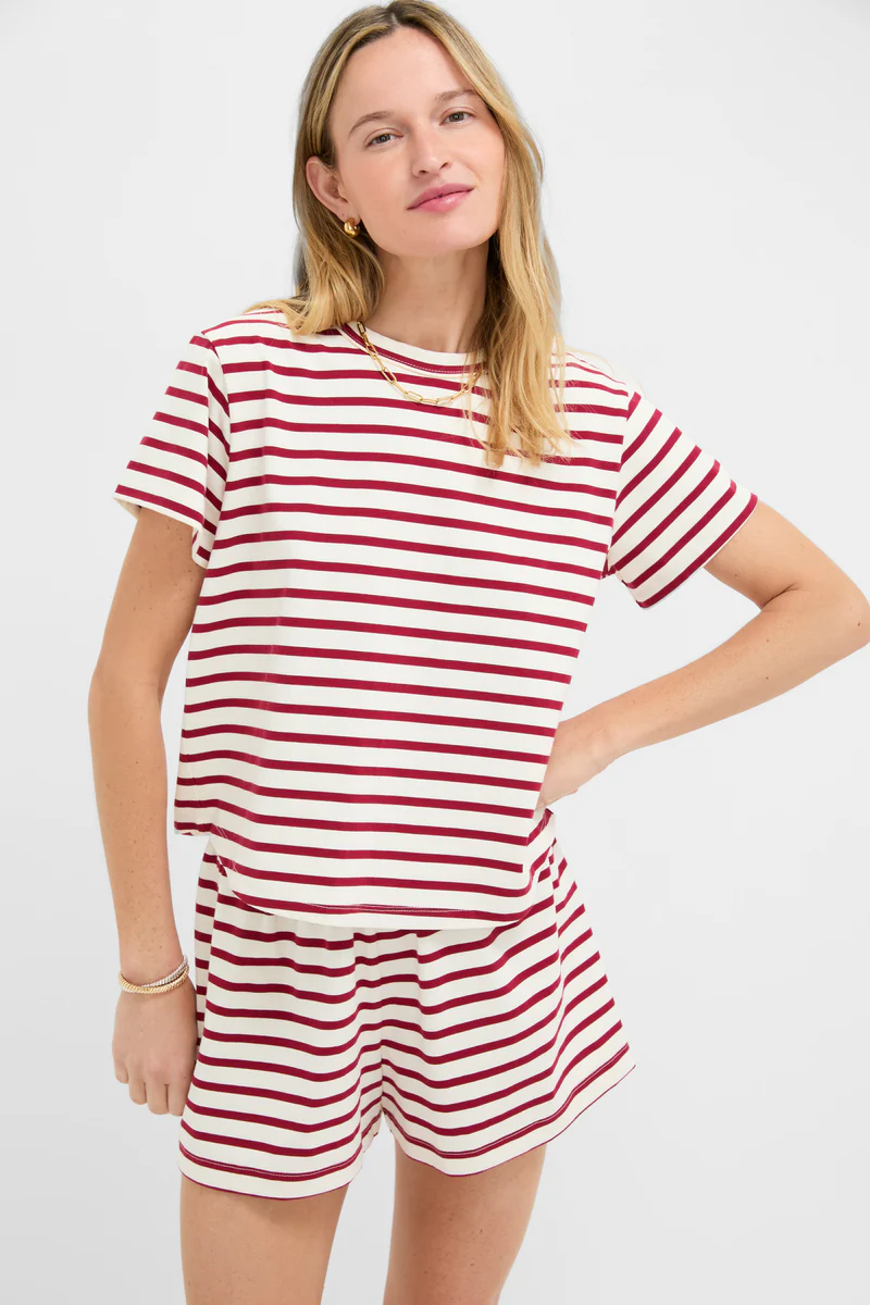 Red and white striped t shirt on a model.