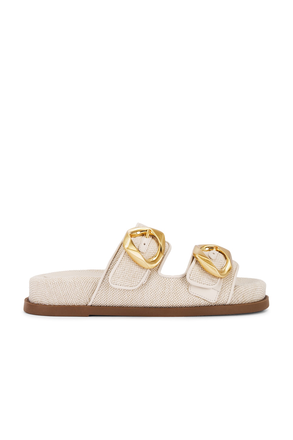 Light tan tweed platform slide with gold buckles.