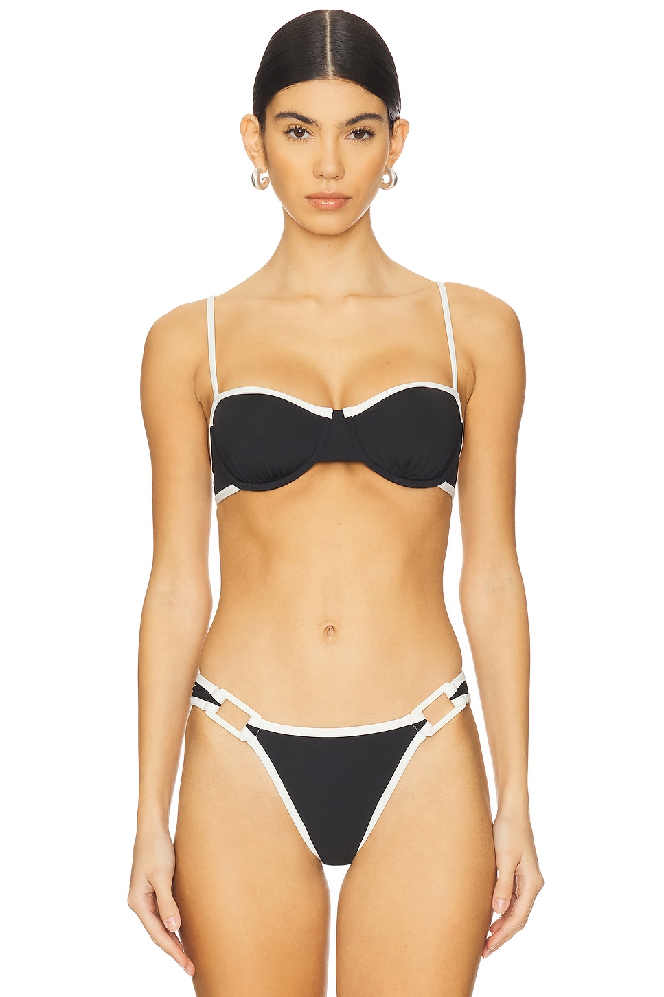 Black and white bikini on a model.