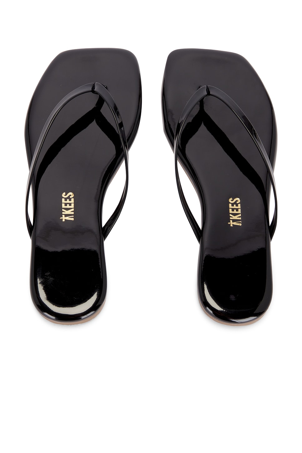 Black shiny square toe flip flops, which is one of the stylish shoes.