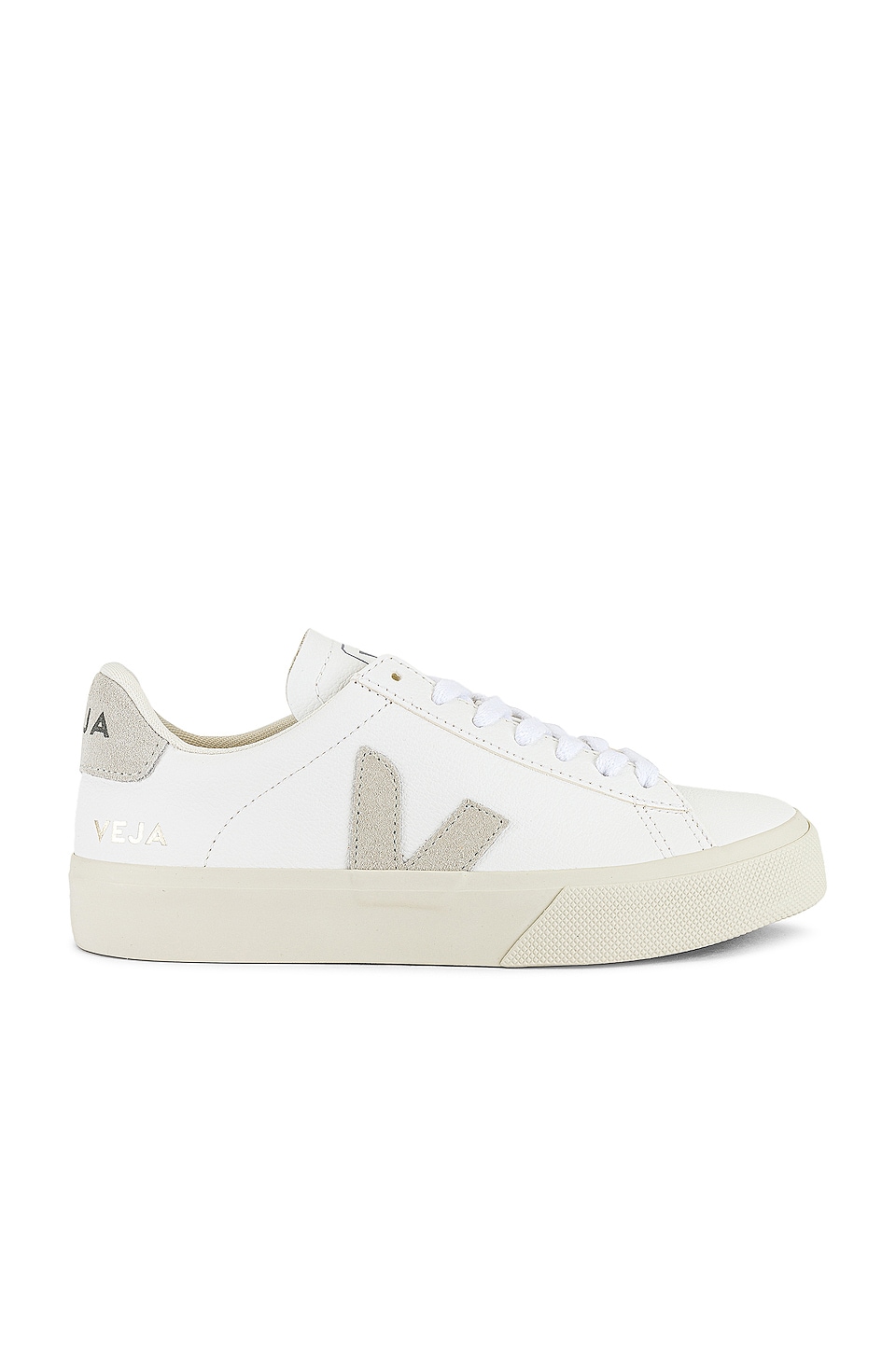 White and gray Veja sneaker, which goes along with college clothing.