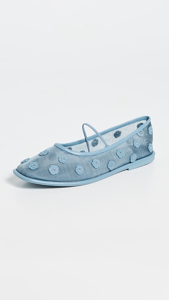 Light blue sheer shoe with matching flower patterns and a strap.