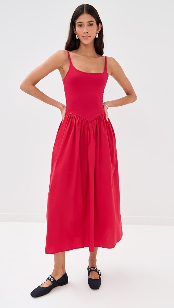 Red drop waist dress on a model, which is one of the 4th of July fashion finds.