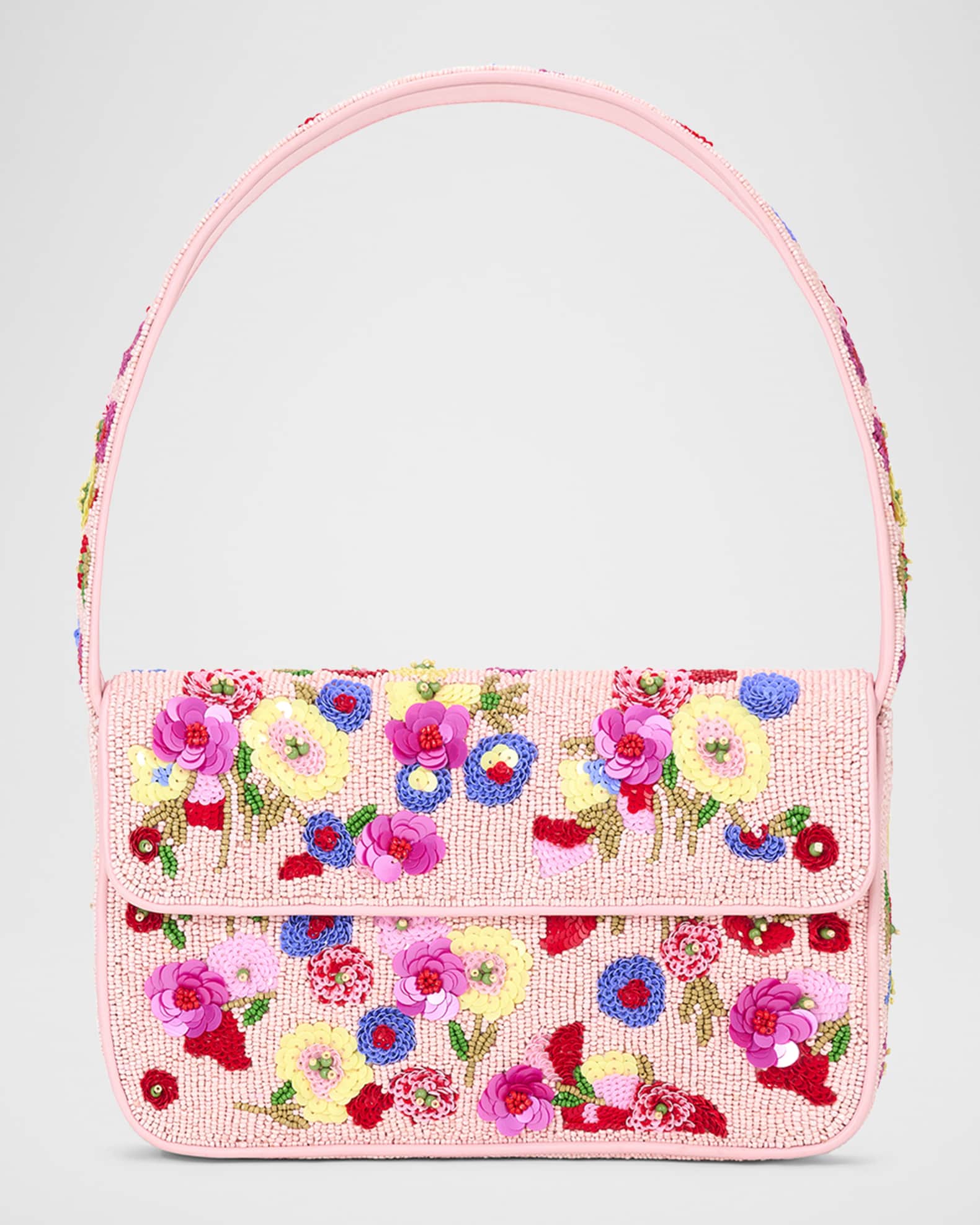 Light pink STAUD beaded bag with purple, yellow, pink, and purple flower designs.