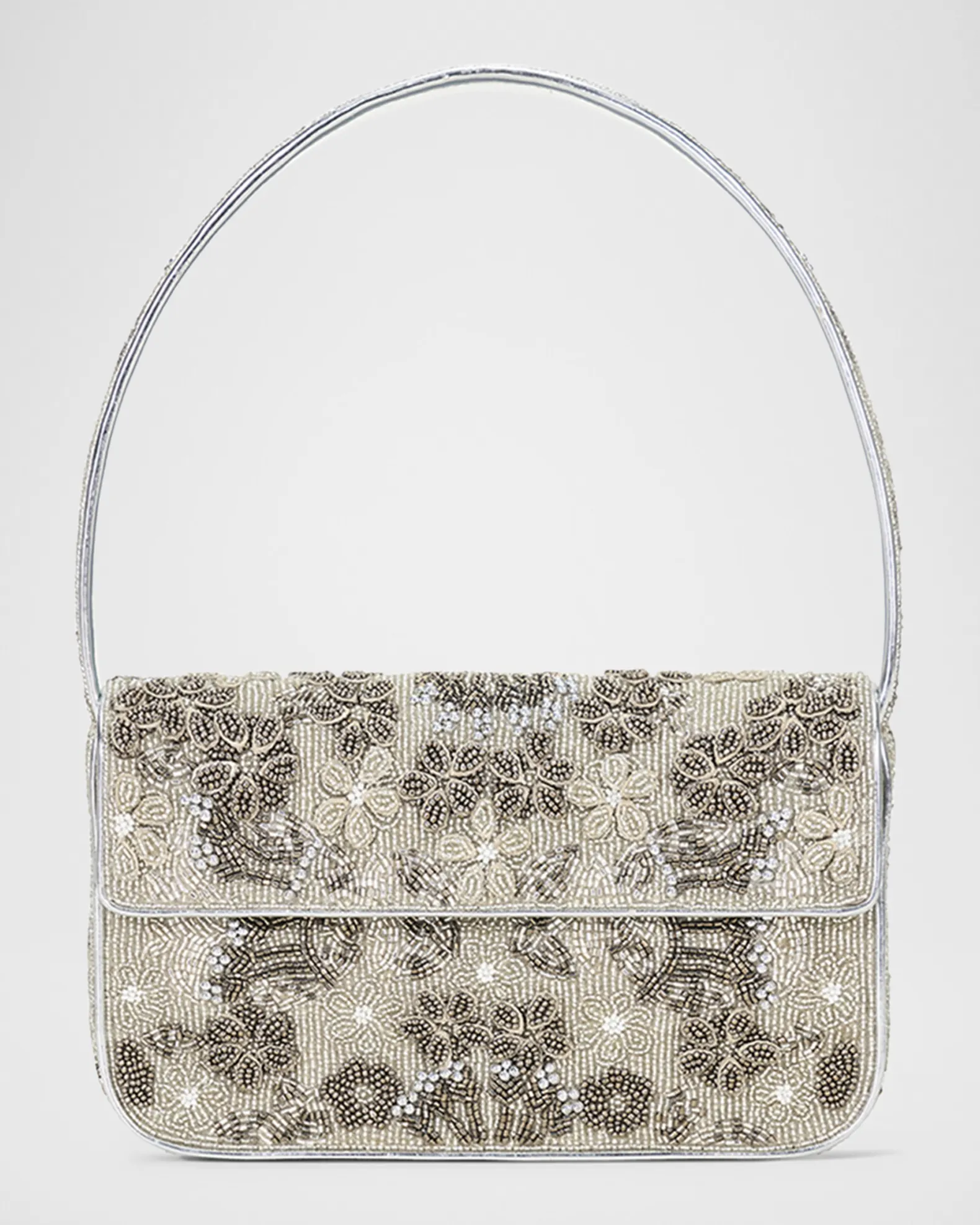 Light gray STAUD beaded bag with light and dark gray flower designs.