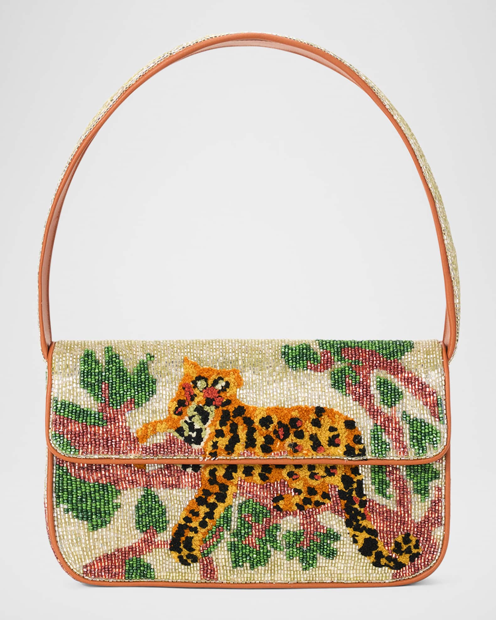 Off white and tan beaded purse with a tiger and tree designs.