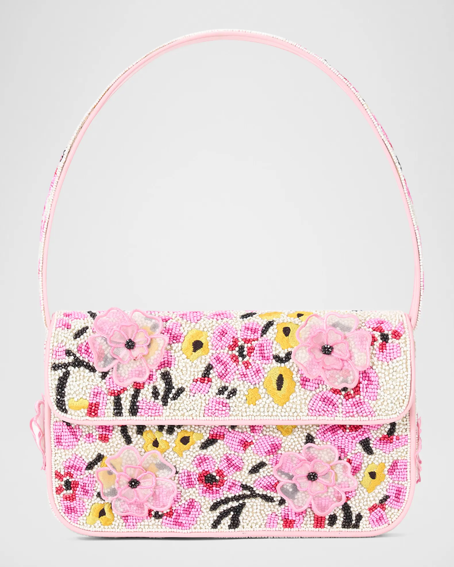 White and light pink STAUD beaded bag with pink and yellow flower designs.