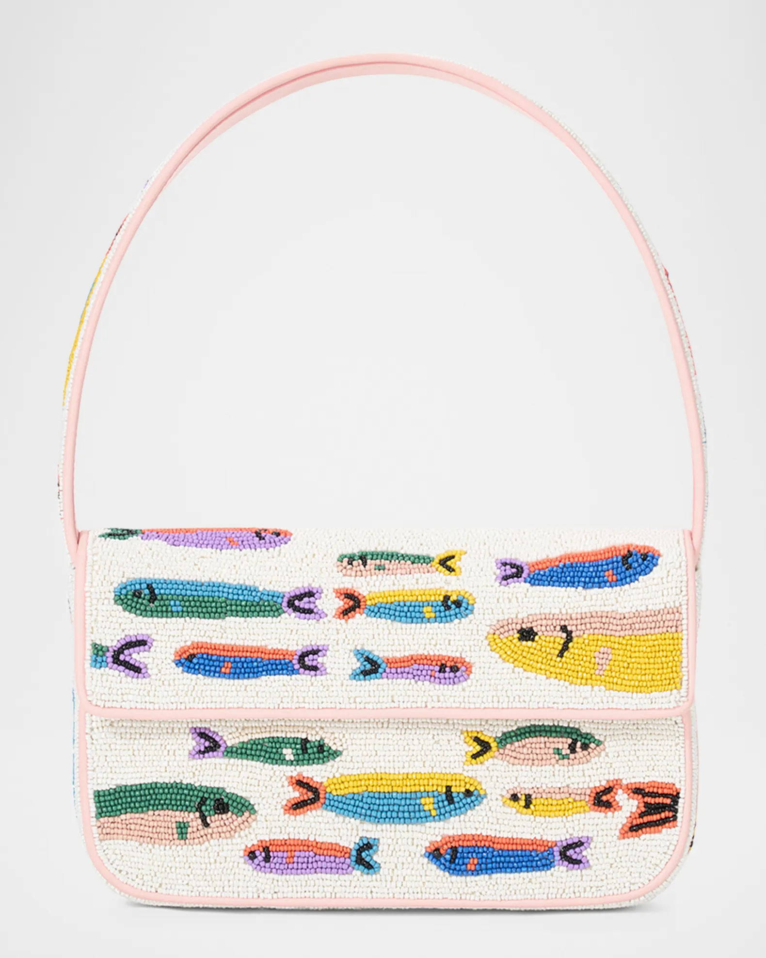White and light pink beaded purse with multicolored fish designs.