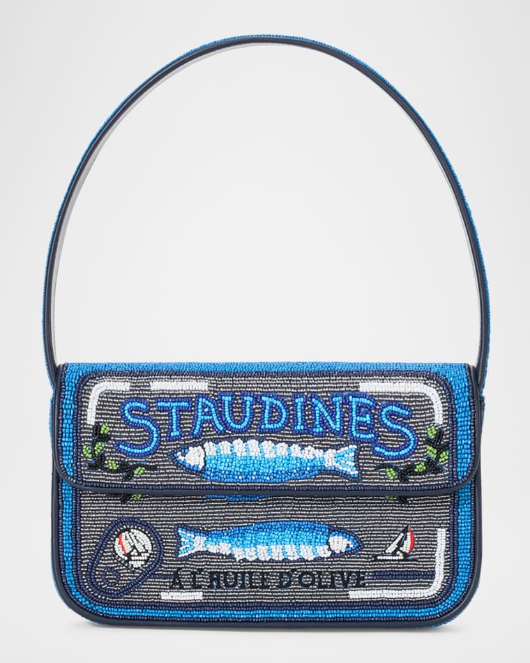 Blue and dark gray STAUD beaded bag with a blue fish and other nautical designs, and text that says "STAUDINES."